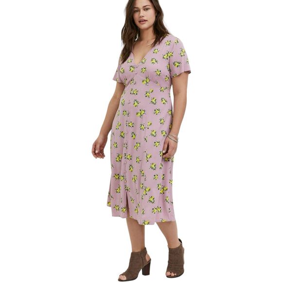 Torrid Plus Size 2X Dress Midi Challis Button Front Dress Mauve Lemon Print 1601 - Picture 15 of 16